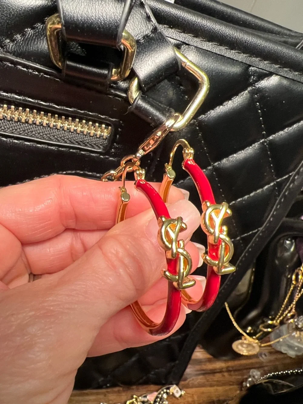 Gold Emblem Red Enamel Hoop Earrings - Picture 5 of 10